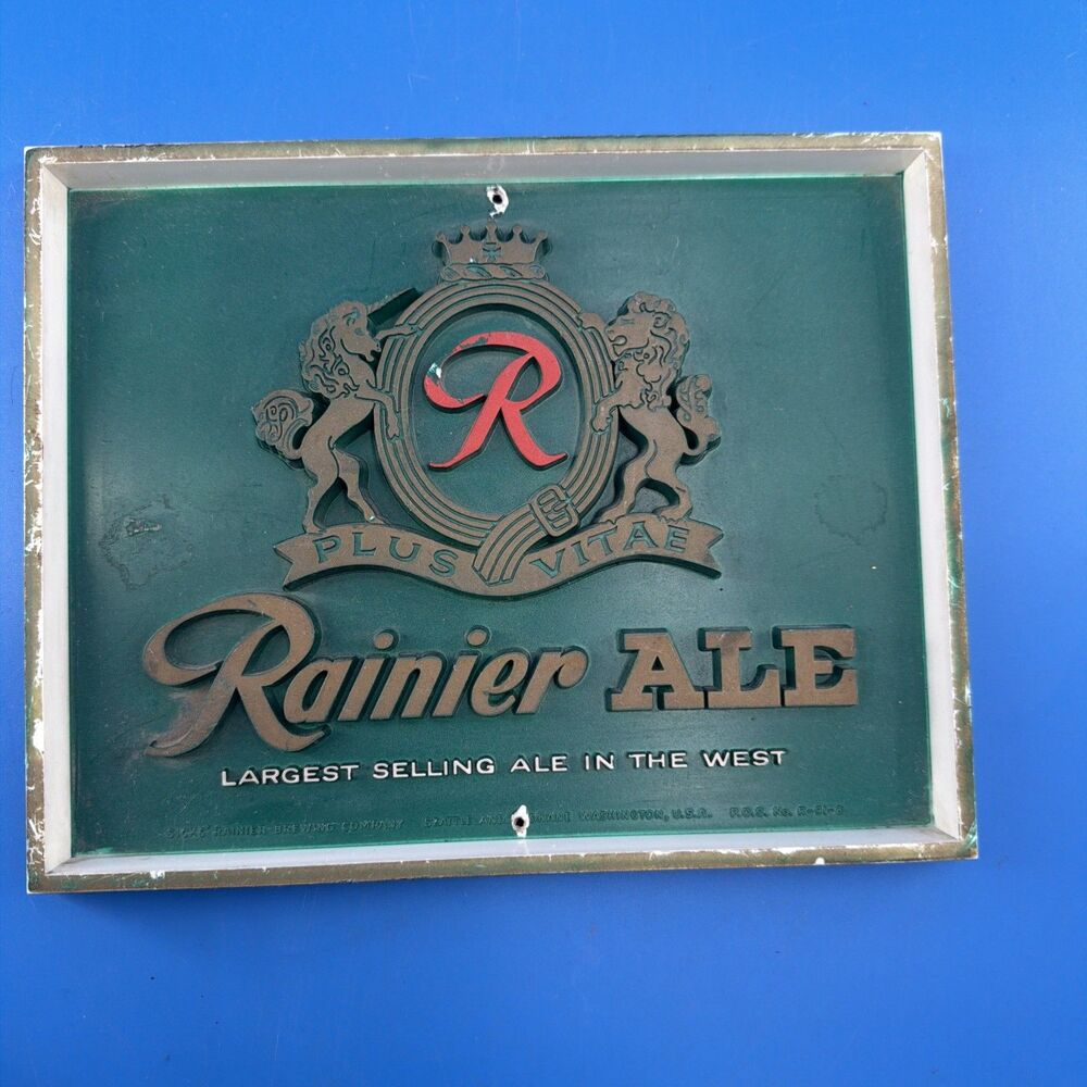 Vintage Rainier Beer Plastic Plaque Wall Sign 10x8 in 3D Raised Lettering Wash.